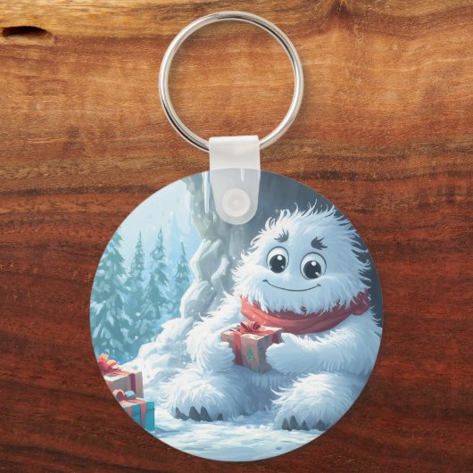 Schattige Yeti met kerstcadeaus in een grot Sleutelhanger (Voorkant)