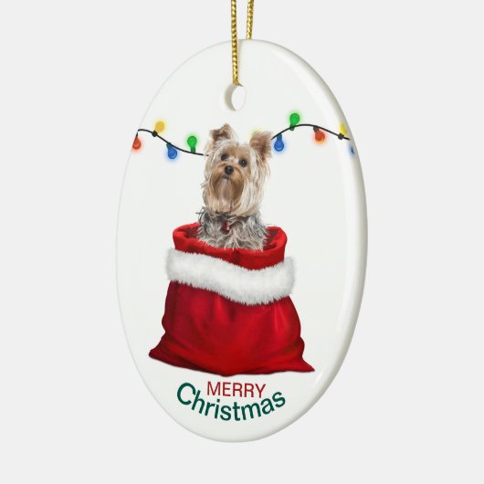 Schattige Yorkie Dog in Holiday Gift Bag Keramisch Ornament (Links)