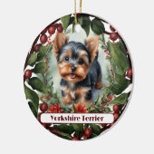 Schattige Yorkie, gepersonaliseerde kerst Keramisch Ornament (Links)