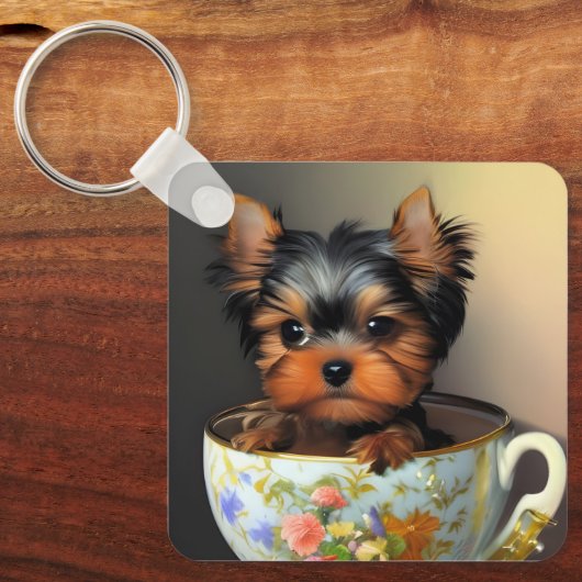 Schattige Yorkie in een theekopje Sleutelhanger (Voorkant)