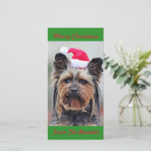 SCHATTIGE YORKIE IN SANTA-HOED FLAT FEESTDAGENKAART (Staand voorkant)