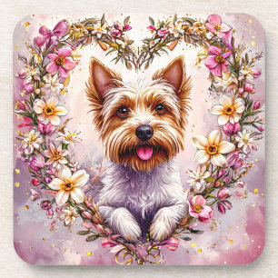 Schattige Yorkie omringd door bloemenkrans Bier Onderzetter