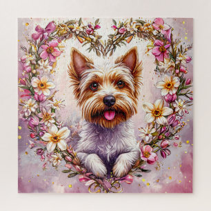 Schattige Yorkie omringd door bloemenkrans Legpuzzel