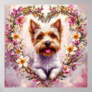 Schattige Yorkie omringd door bloemenkrans Poster