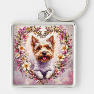 Schattige Yorkie omringd door bloemenkrans Sleutelhanger