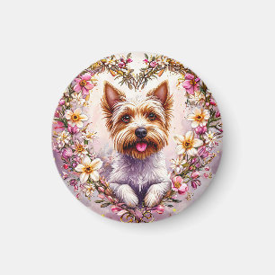 Schattige Yorkie omringd door bloemenslingers Magneet