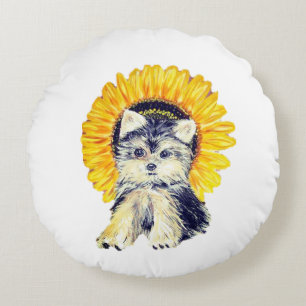 Schattige Yorkie Puppy Hond & Zonnebloem op Witte Rond Kussen