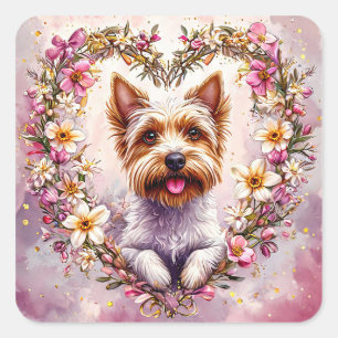 Schattige Yorkie Terrier Kunst 💖Botanisch Hondend Vierkante Sticker