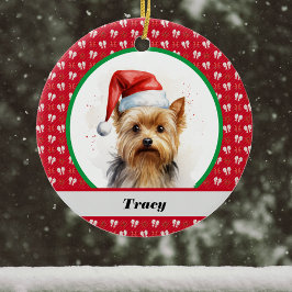 Schattige Yorkie Yorkshire Terrier Rode Kerstbogen Keramisch Ornament