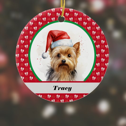 Schattige Yorkie Yorkshire Terrier Rode Kerstbogen Keramisch Ornament