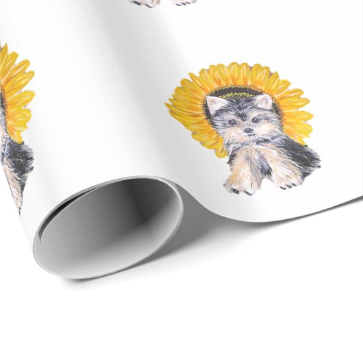 Schattige Yorkshire puppy dog & sunflower art Cadeaupapier (Rol Hoek)