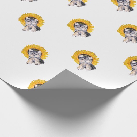Schattige Yorkshire puppy dog & sunflower art Cadeaupapier (Hoek)