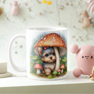 Schattige Yorkshire puppy onder paddenstoelenparap Koffiemok