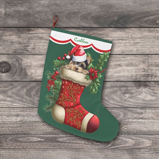 Schattige Yorkshire Terrier Dog Peeking Grote Kerstsok