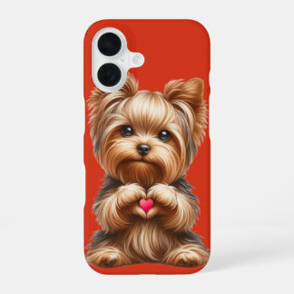 Schattige Yorkshire Terrier Hart Handen Rood iPhone 16 Hoesje