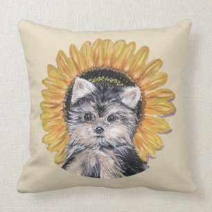 Schattige Yorkshire Terrier-hond & zonnebloem op B Kussen
