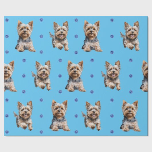 Schattige Yorkshire Terrier Kerst op Blauw Cadeaupapier (Zoom)