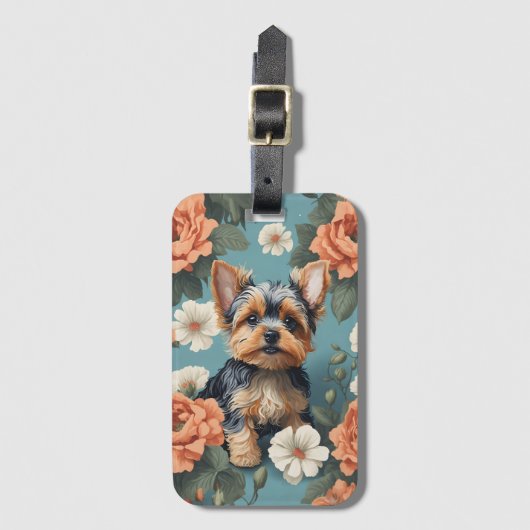 Schattige Yorkshire Terrier Puppy Floral Bagagelabel (Voorkant (verticaal))