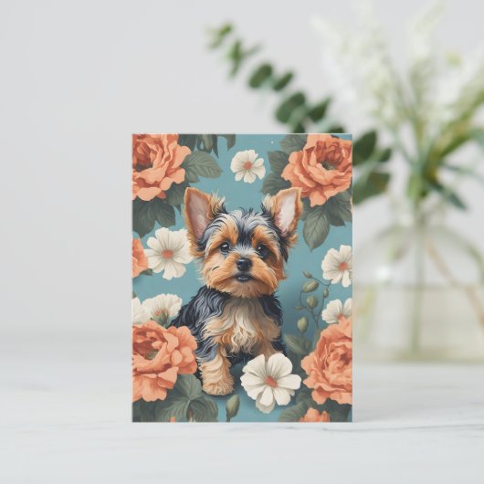 Schattige Yorkshire Terrier Puppy Floral Briefkaart (Staand voorkant)