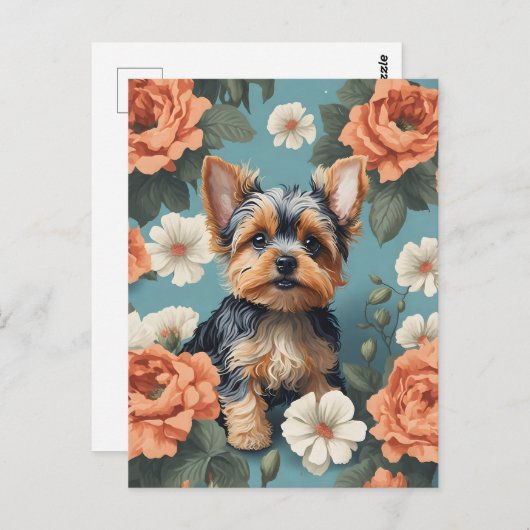 Schattige Yorkshire Terrier Puppy Floral Briefkaart (Voorkant / Achterkant)