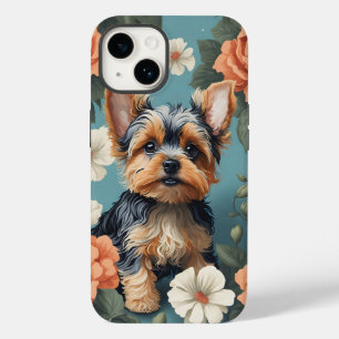 Schattige Yorkshire Terrier Puppy Floral Case-Mate iPhone 14 Hoesje