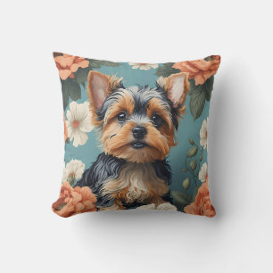 Schattige Yorkshire Terrier Puppy Floral Kussen