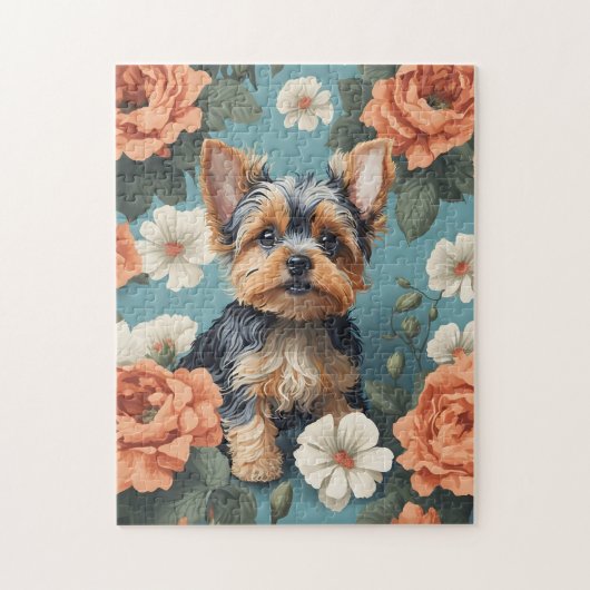 Schattige Yorkshire Terrier Puppy Floral Legpuzzel (Verticaal)