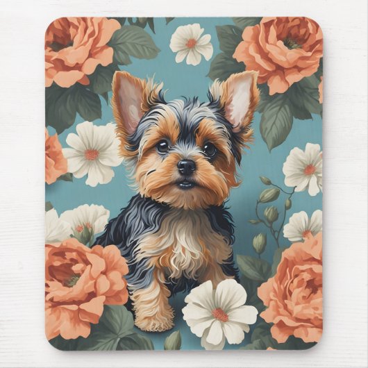 Schattige Yorkshire Terrier Puppy Floral Muismat (Voorkant)