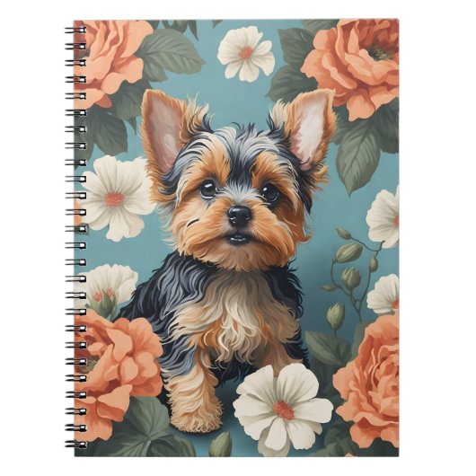 Schattige Yorkshire Terrier Puppy Floral Notitieboek (Voorkant)