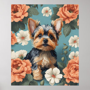 Schattige Yorkshire Terrier Puppy Floral Poster