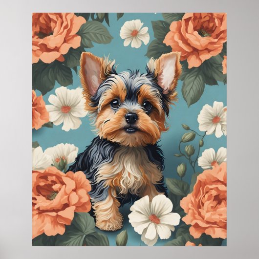 Schattige Yorkshire Terrier Puppy Floral Poster (Voorkant)