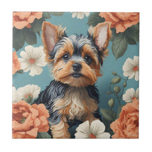 Schattige Yorkshire Terrier Puppy Floral Tegeltje