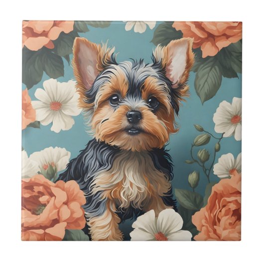 Schattige Yorkshire Terrier Puppy Floral Tegeltje (Voorkant)