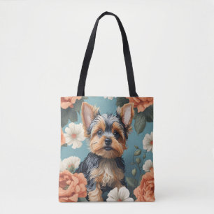 Schattige Yorkshire Terrier Puppy Floral Tote Bag