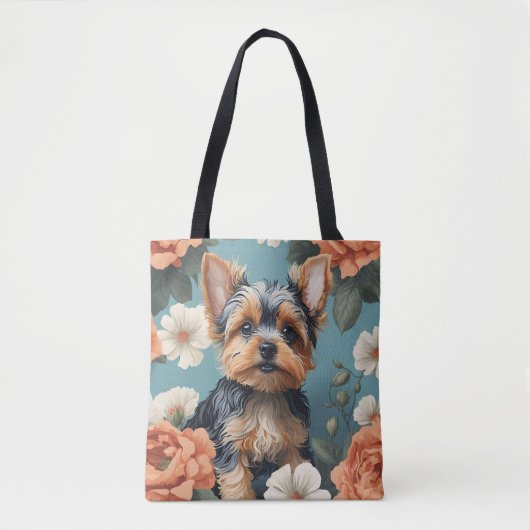 Schattige Yorkshire Terrier Puppy Floral Tote Bag (Voorkant)