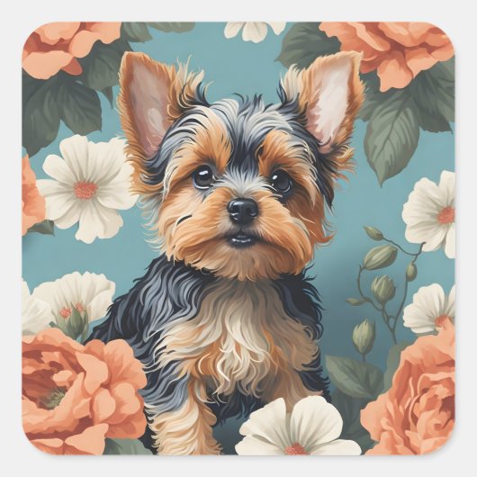 Schattige Yorkshire Terrier Puppy Floral Vierkante Sticker (Voorkant)