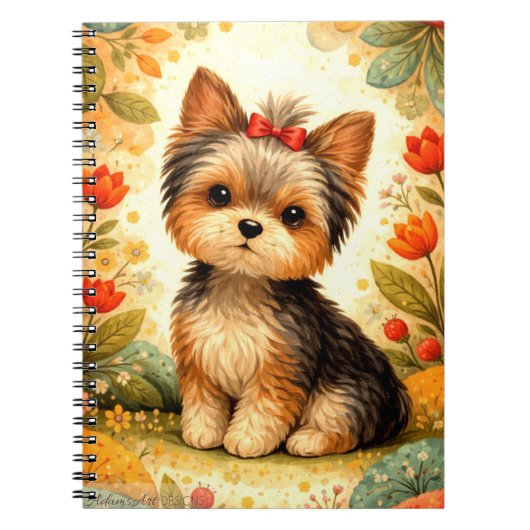 Schattige Yorkshire Terrier Puppy met Rode Strik Notitieboek (Voorkant)