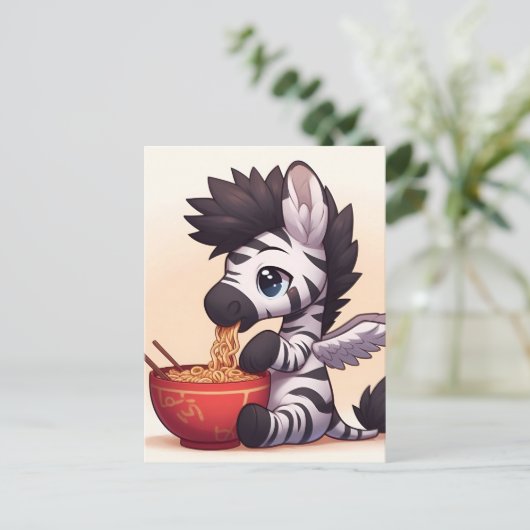 Schattige Zebra Angel Eating Ramen Briefkaart (Staand voorkant)