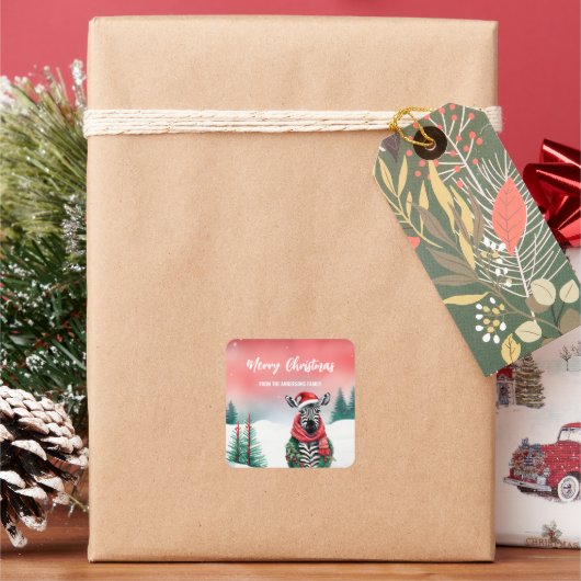Schattige Zebra dier wilde kerstfeest kinder Vierkante Sticker (Feestdagen)