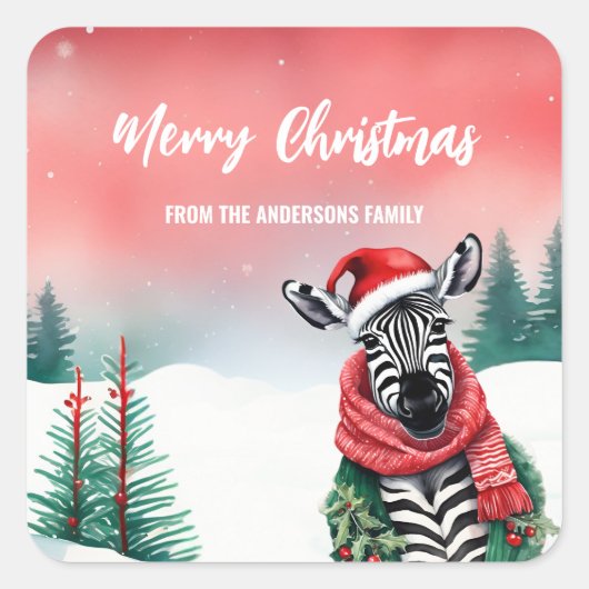 Schattige Zebra dier wilde kerstfeest kinder Vierkante Sticker (Voorkant)