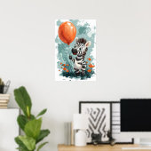 Schattige zebra met oranje ballon whimsicale illus poster (Thuiskantoor)