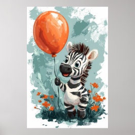 Schattige zebra met oranje ballon whimsicale illus poster