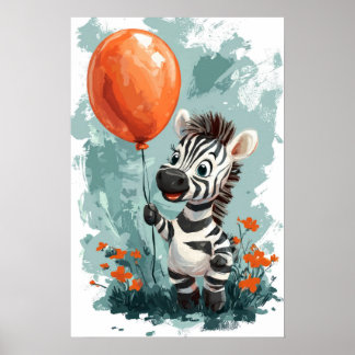Schattige zebra met oranje ballon whimsicale illus poster