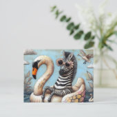Schattige Zebra op een opblaasbare zwaan Briefkaart (Staand voorkant)