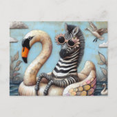 Schattige Zebra op een opblaasbare zwaan Briefkaart (Voorkant)