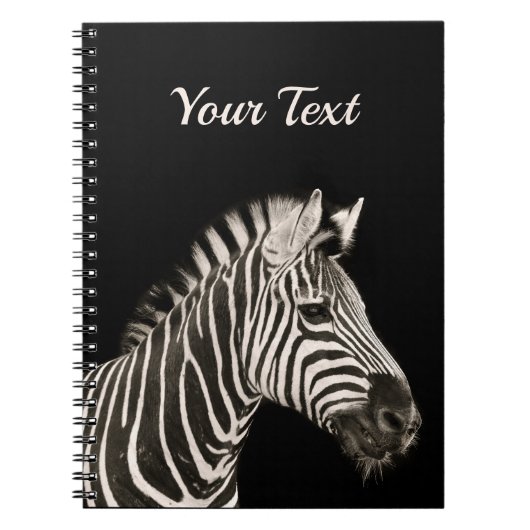Schattige Zebra Portret op zwarte gepersonaliseerd Notitieboek (Voorkant)