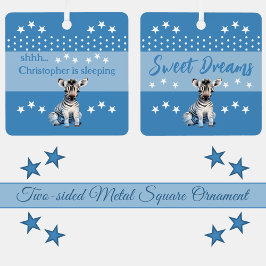 Schattige zebra sstt voeg naam toe slaapt blauw metalen ornament
