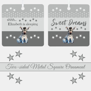 Schattige zebra sstt voeg naam toe slaapt grijs metalen ornament