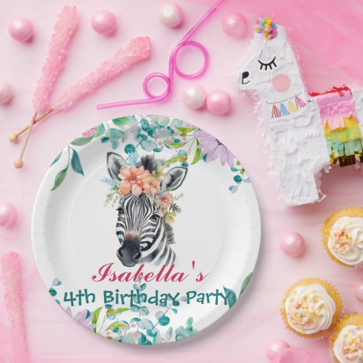 Schattige Zebra zoo dierlijk oerwoud Bloemen Verja Papieren Bordje (Feest)