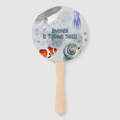 Schattige Zee Animals Kids Verjaardagsfeestje Blau Handwaaier (Voorkant)